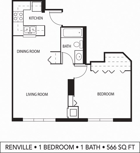 Floor plan for 1 bed, 1 bath, 566 sqft